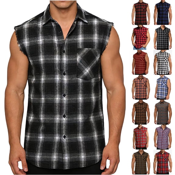 ZCFZJW Men's Sleeveless Flannel Shirt - Casual Summer Band Collar Button-Down Vest Shirts Trendy Basic Muscle Fit Tank Tops with Pockets Purple XXL