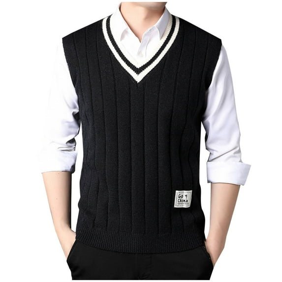 ZCFZJW Men's Sleeveless Sweater Vest Lightweight Casual Fall Winter Solid Color Striped Knitted V-Neck Cotton Vest Pullover Jumper Tops Black M