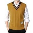 thumbnail image 1 of ZCFZJW Men's Sleeveless Sweater Vest Lightweight Casual Fall Winter Solid Color Striped Knitted V-Neck Cotton Vest Pullover Jumper Tops Yellow L, 1 of 7