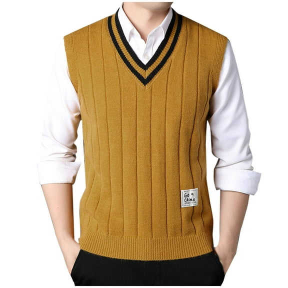 ZCFZJW Men's Sleeveless Sweater Vest Lightweight Casual Fall Winter Solid Color Striped Knitted V-Neck Cotton Vest Pullover Jumper Tops Yellow L