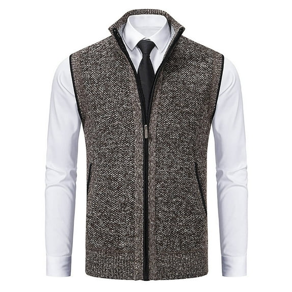 ZCFZJW Men's Sleeveless Sweater Vest V-Neck Fall Winter Casual Solid Color Stand Collar Cable Knit Full Zip up Cardigan Vest Shirts Coffee L