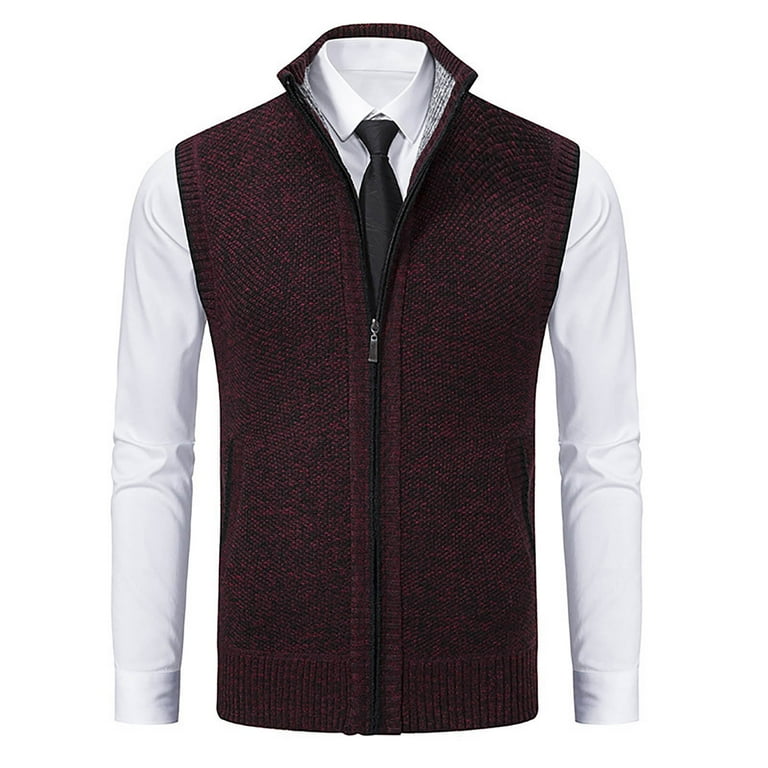 Zcfzjw Men's Sleeveless Sweater Vest V-Neck Fall Winter Casual Solid Color Stand Collar Cable Knit Full Zip Up Cardigan Vest Shirts Wine L, Size: Zcfzjw Men's Sleeveless Sweater Vest V-Neck Fall Winter Casual Solid Color Stand Collar Cable Knit Full Zip Up Cardigan Vest Shirts Wine L, Size: