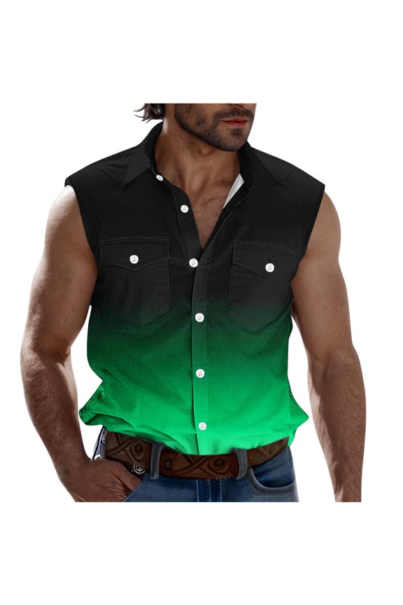 Men's Sleeveless Tank Shirt Lightweight Tie Dye Gradient Color Printed Summer Quick Dry Button Down Stretch Shirt for Hiking Travel with Double Chest Pockets Green XL