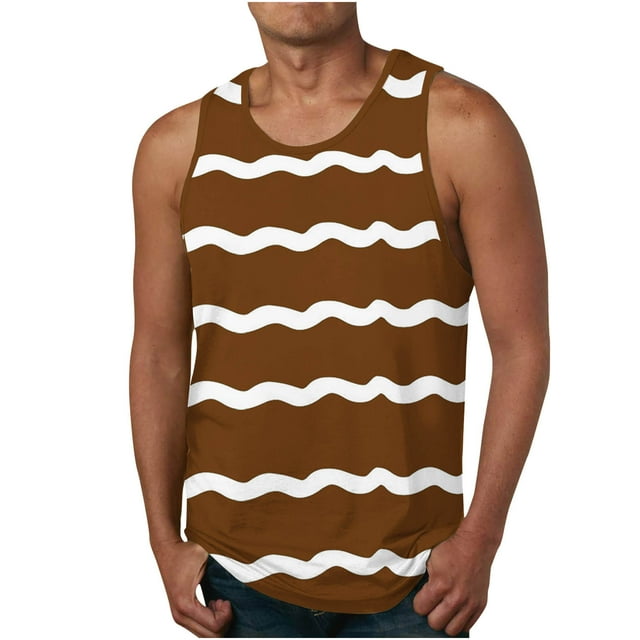 ZCFZJW Men's Sleeveless Weave Striped Tank Tops Big and Tall Workout Quick Dry Swim Athletic Gym Running Muscle Beach Shirts for Men Brown XL