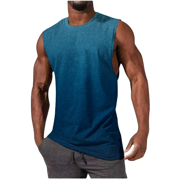 ZCFZJW Men's Sleeveless Workout Shirts Quick Dry Tie Dye Gradient Print Summer Swim Athletic Gym Running Muscle Beach Tank Tops for Men Blue M