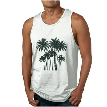ZCFZJW Men's Sleeveless Workout Swim Shirts Big and Tall Regular Fit Quick Dry Running Tank Tops Summer Tropical Palm Tree Print Muscle Tees White XXXXL
