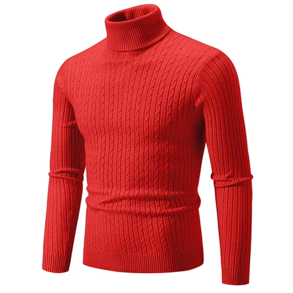 ZCFZJW Men's Slim Fit Turtleneck Sweater Tops Casual Basic Ribbed Knitted Solid Color Long Sleeve High Neck Pullover Sweaters Coat Red L