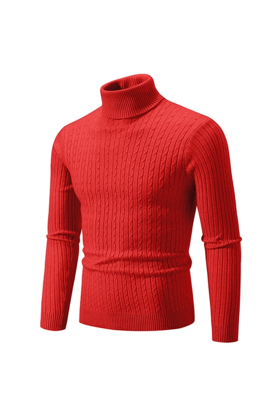 Men's Slim Fit Turtleneck Sweater Tops Casual Basic Ribbed Knitted Solid Color Long Sleeve High Neck Pullover Sweaters Coat Red XL