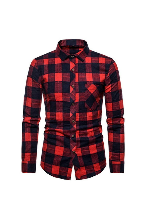 Men's Snap Buttons Flannel Plaid Shirts Long Sleeve Casual Button Down Flannel Jackets Shirts with Single Pocket Regular Fit Red XL