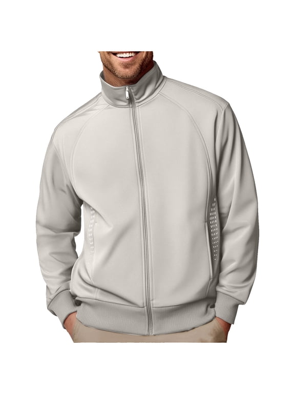 Men's Stand up Collar Jacket Lightweight Casual Full Zip up Long Sleeve Pullover Sweatshirt Outdoor Cardigan Spring Autumn Sports Jacket with Pockets Beige M