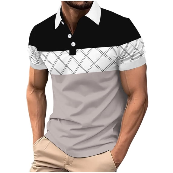 ZCFZJW Men's Striped Color Block Golf Shirt Work Dressy Casual Summer Short Sleeve Button Collared Athletic Workout T-Shirts Tops Black XXL