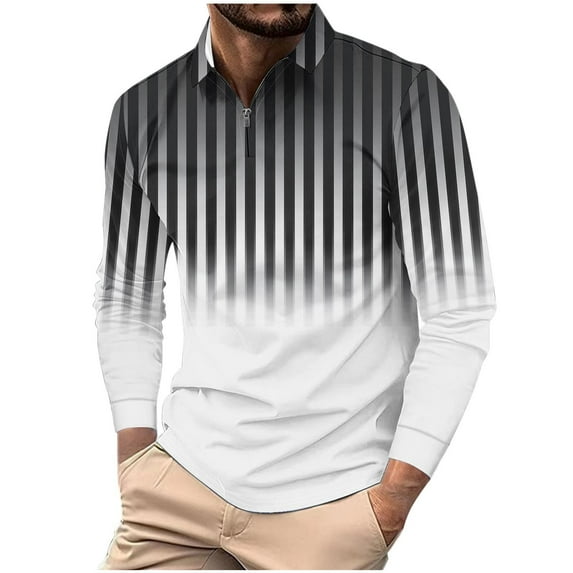 ZCFZJW Men's Striped Polo Shirt Long Sleeve Quarter Zip Pullover Sweater Casual Golf Shirts Vintage Striped Collar V Neck Tie Dye Graphic Fitness Tees Tops Black XL