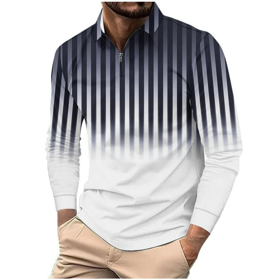 ZCFZJW Men's Striped Polo Shirt Long Sleeve Quarter Zip Pullover Sweater Casual Golf Shirts Vintage Striped Collar V Neck Tie Dye Graphic Fitness Tees Tops Dark Blue S