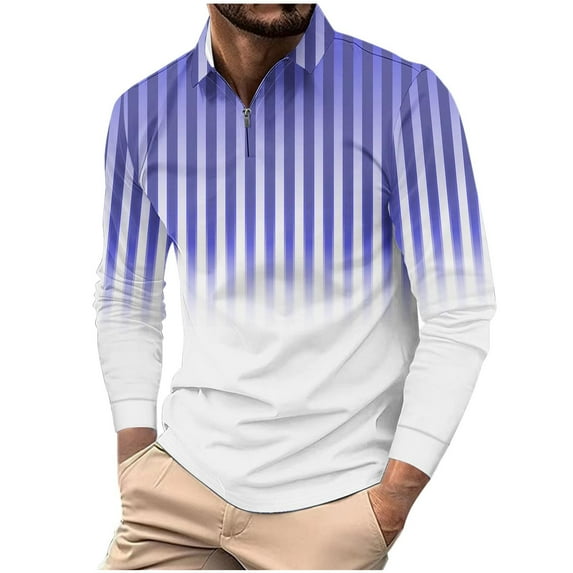 ZCFZJW Men's Striped Polo Shirt Long Sleeve Quarter Zip Pullover Sweater Casual Golf Shirts Vintage Striped Collar V Neck Tie Dye Graphic Fitness Tees Tops Purple XL