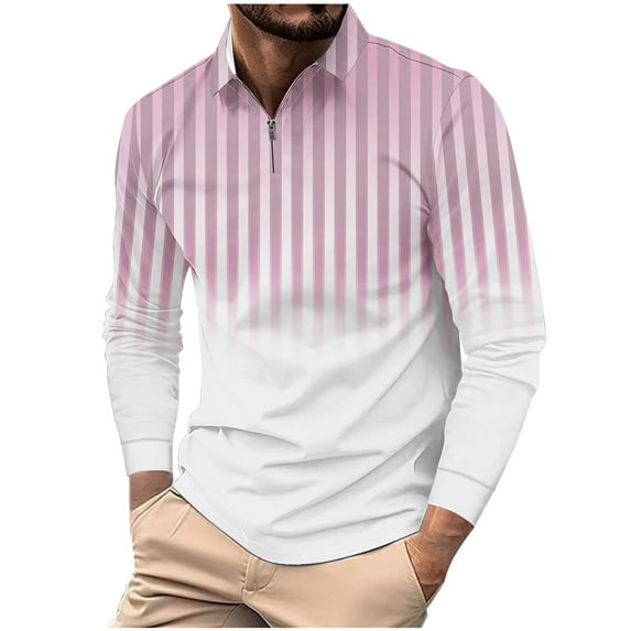 ZCFZJW Men's Striped Polo Shirt Long Sleeve Quarter Zip Pullover Sweater Casual Golf Shirts Vintage Striped Collar V Neck Tie Dye Graphic Fitness Tees Tops Pink L