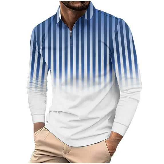 ZCFZJW Men's Striped Polo Shirt Long Sleeve Quarter Zip Pullover Sweater Casual Golf Shirts Vintage Striped Collar V Neck Tie Dye Graphic Fitness Tees Tops Blue M