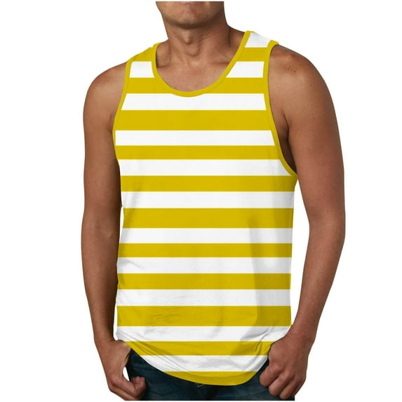 ZCFZJW Men's Striped Summer Swim Tank Tops Quick Dry Running Athletic Workout Gym Yoga Swimming Beach Hawaiian Muscle Sleeveless Graphic Shirts Yellow M