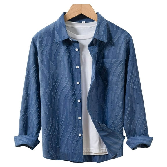 ZCFZJW Men's Stylish Jacquard Denim Shirts Lightweight Casual Fall Button Down T-Shirts Tops Loose Long Sleeve Lapel Collared Jean Shirts with Pockets Navy L