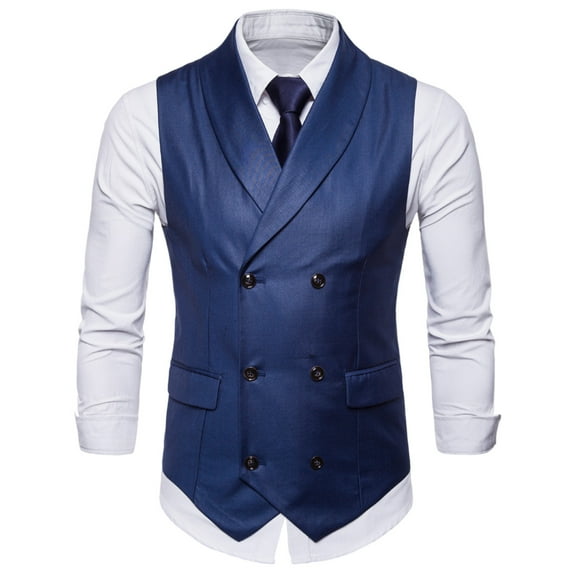 ZCFZJW Men's Suit Vest Double Breasted Dress Vest for Men Slim Fit Formal Business Waistcoat Tuxedo V-Neck Solid Vest for Wedding Blue XXL