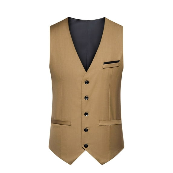 ZCFZJW Men's Suit Vest Formal Wedding Slim Fit Single-Breasted Sleeveless V-Neck Have Pockets Solid Dress Wedding Waistcoat Prom Tuxedo #03-Khaki XL