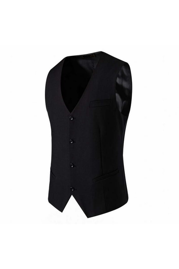 Men's Suit Vest Sleeveless Button V Neck Business Formal Dress Waistcoat Vest with 3 Pockets for Suit or Tuxedo Black L