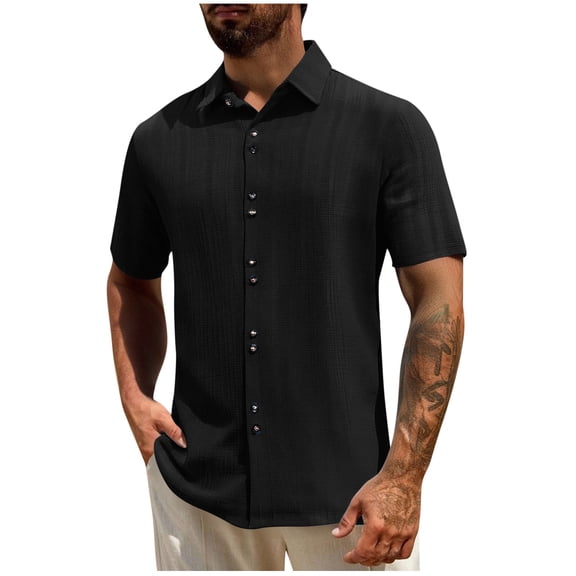ZCFZJW Men's Summer Shirt Textured Short Sleeve Button Down Shirt Wrinkle Free Beach Vacation Tees Shirts Lightweight Collared T-Shirt Tops Black S