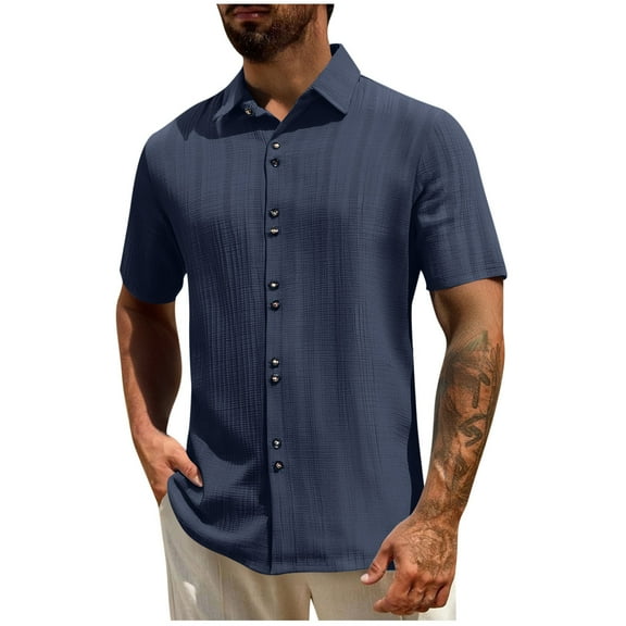 ZCFZJW Men's Summer Shirt Textured Short Sleeve Button Down Shirt Wrinkle Free Beach Vacation Tees Shirts Lightweight Collared T-Shirt Tops Navy S