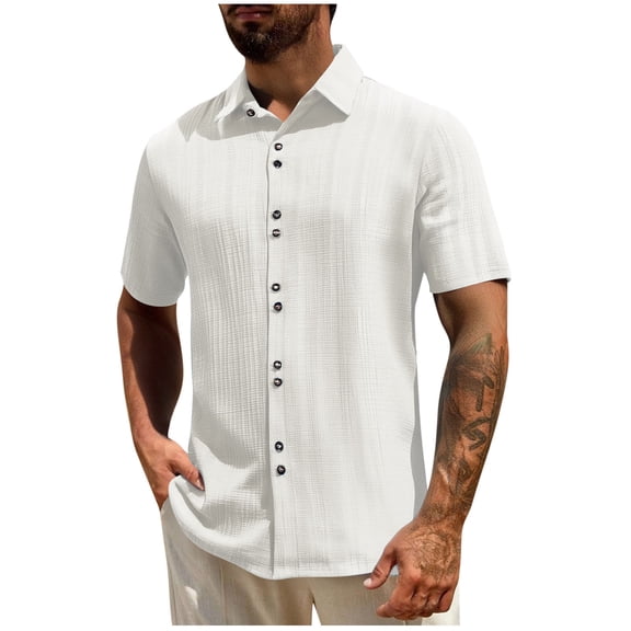 ZCFZJW Men's Summer Shirt Textured Short Sleeve Button Down Shirt Wrinkle Free Beach Vacation Tees Shirts Lightweight Collared T-Shirt Tops White S