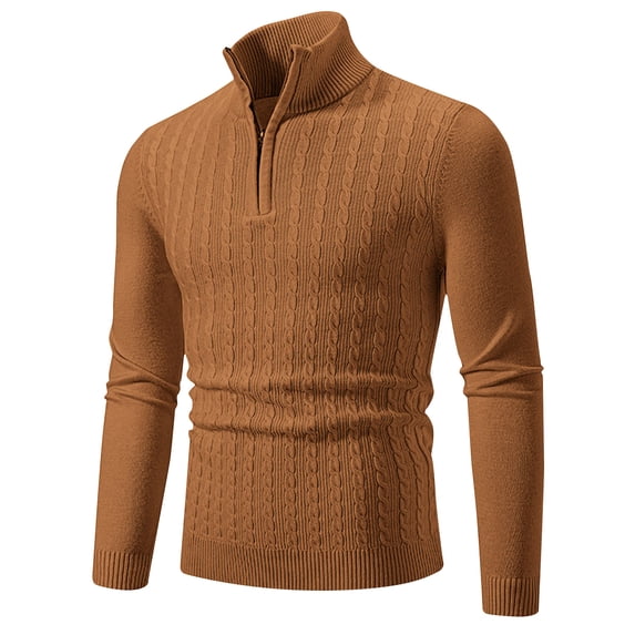 ZCFZJW Men's Sweater Quarter Zip Striped Pullover Fall Winter Spring Slim Fit Twist Cable Knitted Basic Solid Color Polo Sweatshirts Gold XXL