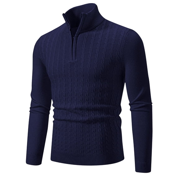 ZCFZJW Men's Sweater Quarter Zip Striped Pullover Fall Winter Spring Slim Fit Twist Cable Knitted Basic Solid Color Polo Sweatshirts Navy XL