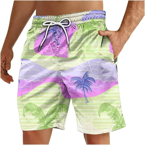 ZCFZJW Men's Swim Trunks Hawaiian Bathing Suit Swimsuits Lightweight Casual Big and Tall Summer Tie Dye Tropical Palm Tree Print Beach Board Shorts with Pockets Green L