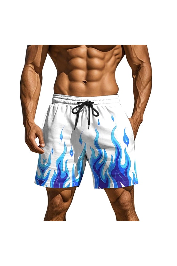 Men's Swim Trunks Lightweight Casual 3D Flame Pattern Printed Drawstring Elastic Waist Beach Board Shorts Quick Dry Summer Bathing Suit Blue XL