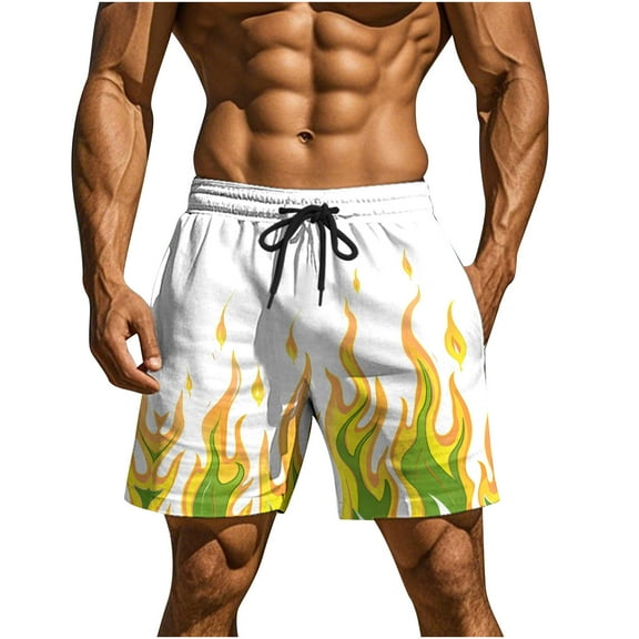 ZCFZJW Men's Swim Trunks Lightweight Casual 3D Flame Pattern Printed Drawstring Elastic Waist Beach Board Shorts Quick Dry Summer Bathing Suit Yellow XL