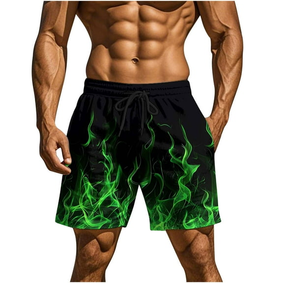 ZCFZJW Men's Swim Trunks Quick Dry 3D Flame Pattern Printed Beach Board Shorts with Pockets Lightweight Drawstring Elastic Waist Bathing Suits Green S