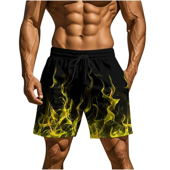 ZCFZJW Men's Swim Trunks Quick Dry 3D Flame Pattern Printed Beach Board Shorts with Pockets Lightweight Drawstring Elastic Waist Bathing Suits Yellow S