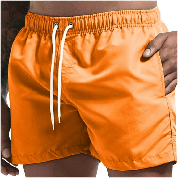 ZCFZJW Men's Swim Trunks Quick Dry Beach Shorts with Pockets Lightweight Casual Solid Color Drawstring Elastic Waist Beach Swimwear Bathing Suit Orange M