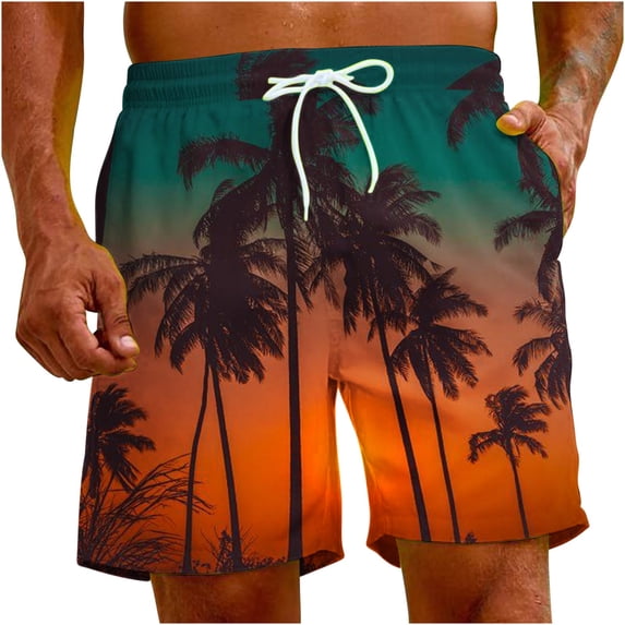 ZCFZJW Men's Swim Trunks with Pockets Tropical Palm Tree Sunset Print Summer Stretch Beach Board Shorts Drawstring Swimsuit Orange#02 XXL