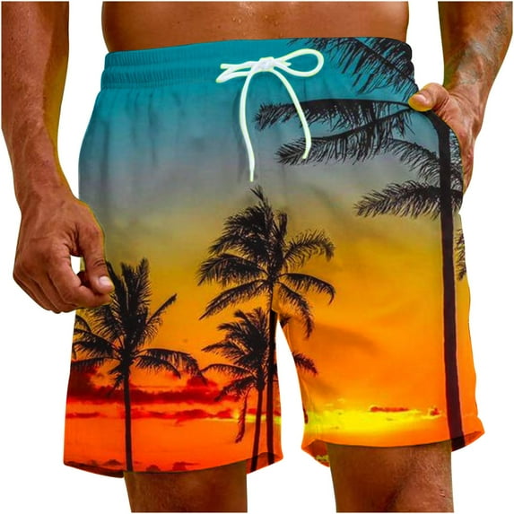 ZCFZJW Men's Swim Trunks with Pockets Tropical Palm Tree Sunset Print Summer Stretch Beach Board Shorts Drawstring Swimsuit Orange#03 M