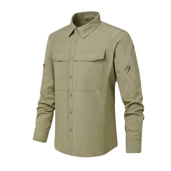 ZCFZJW Men's Tactical Shirts Quick Dry UV Protection Breathable Solid Color Long Sleeve Hiking Fishing Button Shirts with Pockets Army Green M