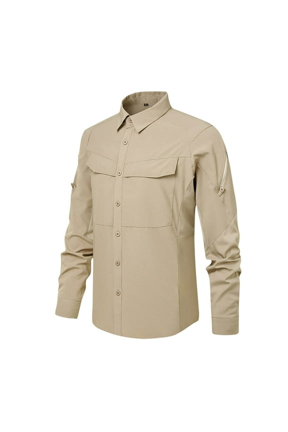 Men's Tactical Shirts Quick Dry UV Protection Breathable Solid Color Long Sleeve Hiking Fishing Button Shirts with Pockets Khaki M