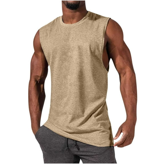 ZCFZJW Men's Tech Stretch Tank T-Shirt Summer Quick Dry Workout Tank Top Solid Color Gym Muscle Tee Fitness Bodybuilding Sleeveless T Shirt Khaki M