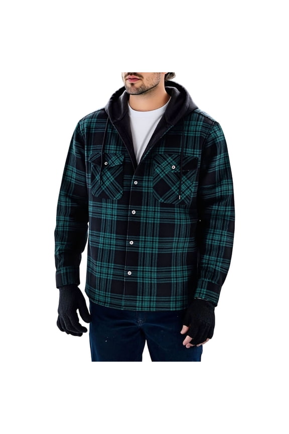 Men's Thick Fleece Plaid Jacket Flannel Shirts Big and Tall Regular FIt Casual Fall Winter Sherpa Lined Full Snap Button Up Hoodie Warm Cardigan Outwear Coat with Pockets Army Green XXXL