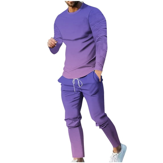 ZCFZJW Men's Tracksuits Set Casual Tie Dye Gradient Print Long Sleeve Crewneck Pullover Sweatshirt and Drawstring Jogger Sweatpants Two Piece Sport Outfits Purple M
