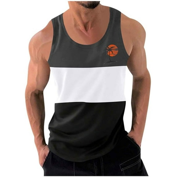 ZCFZJW Men's Tropical Palm Tree Print Workout Sleeveless Striped Color Block Shirts Quick Dry Swim Beach Muscle Gym Running Athletic Tank Top Dark Gray S