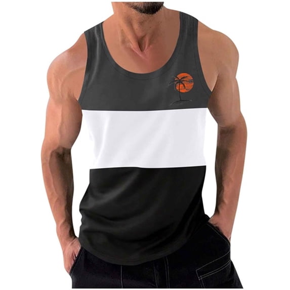 ZCFZJW Men's Tropical Palm Tree Print Workout Sleeveless Striped Color Block Shirts Quick Dry Swim Beach Muscle Gym Running Athletic Tank Top Dark Gray L