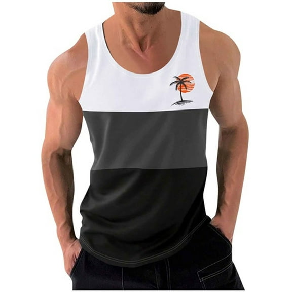 ZCFZJW Men's Tropical Palm Tree Print Workout Sleeveless Striped Color Block Shirts Quick Dry Swim Beach Muscle Gym Running Athletic Tank Top White L