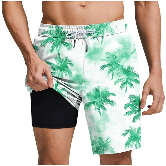 ZCFZJW Men's Tropical Palm Tree Printed Swim Trunks with Compression Liner Lightweight Quick Dry Board Shorts Swimsuit Drawstring Waist Swimwear for Men with Pockets Green XXL