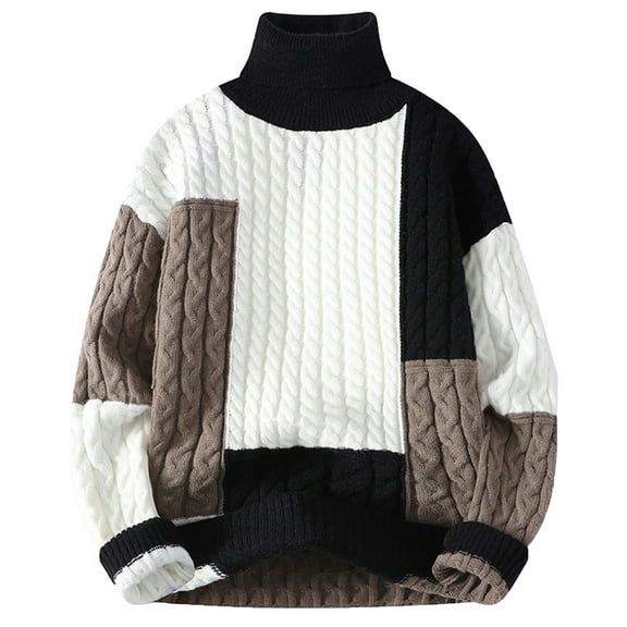 ZCFZJW Men's Turtleneck Pullover Sweaters Long Sleeve Color Block Print Twisted Knit Sweater Trendy Striped Knit Jumper Sweater Tops Black XXL