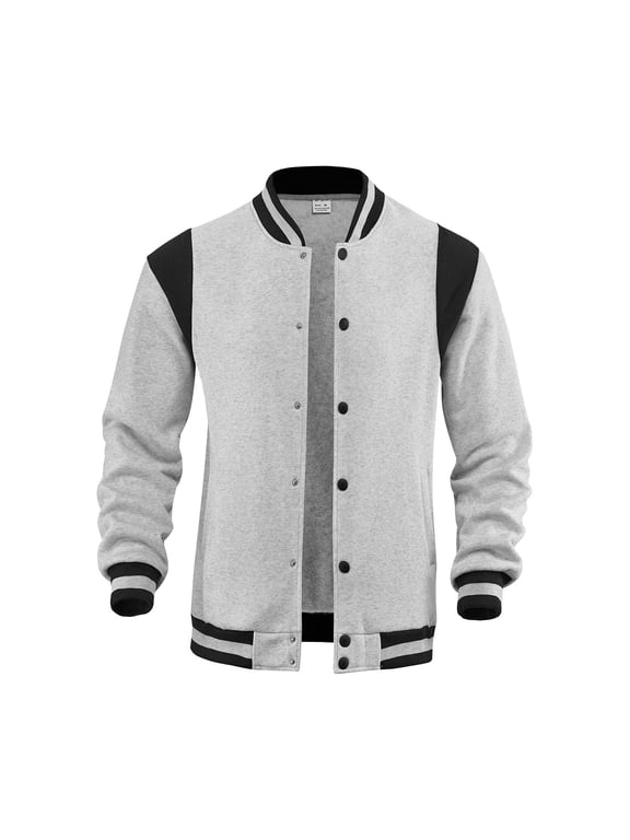 Men's Varsity Baseball Jacket Lightweight Causal Slim Fit Varsity Full Button up Long Sleeve Mock Neck Jacket Fashion Boys Bomber Jackets Gray S