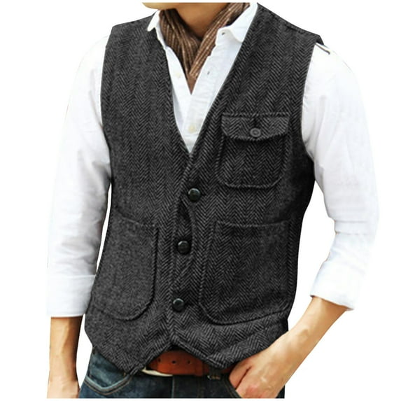 ZCFZJW Men's Vests Herringbone Tweed Vest Casual V-Neck Waistcoat For Men Retro Men's Wedding Vests Travel Workwear Vest Black XXL